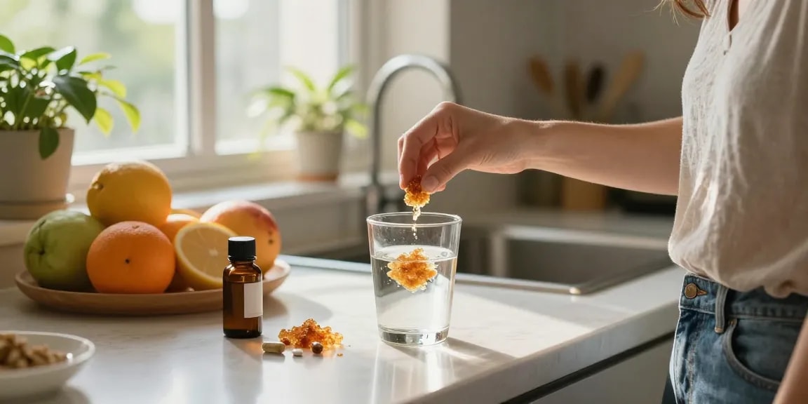 Buy shilajit online in Australia, wellness enthusiast preparing shilajit resin in a bright kitchen.