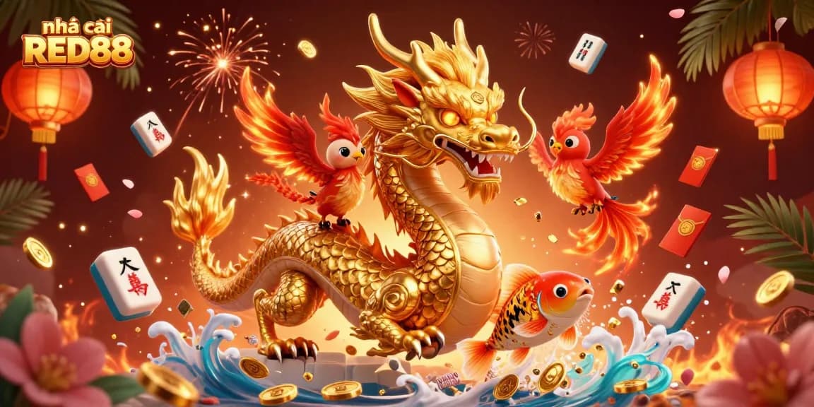 Engage with nhà cái RED88's vibrant casino atmosphere featuring a golden dragon and phoenix.