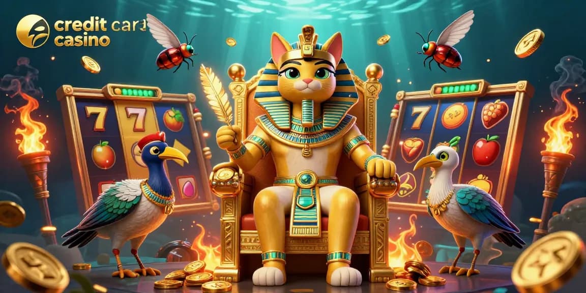 Engage with thrill at a credit card casino featuring an Egyptian cat and slot elements.