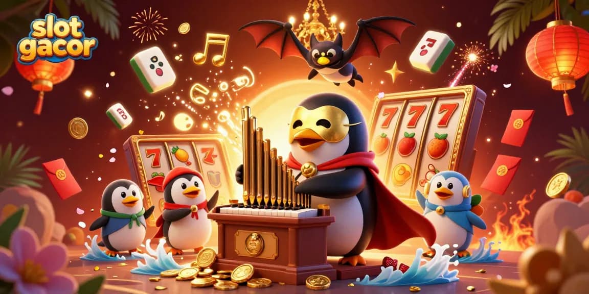 Menangkan permainan slot gacor dengan simbol jackpot dan koin emas yang meluncur dalam suasana ceria.