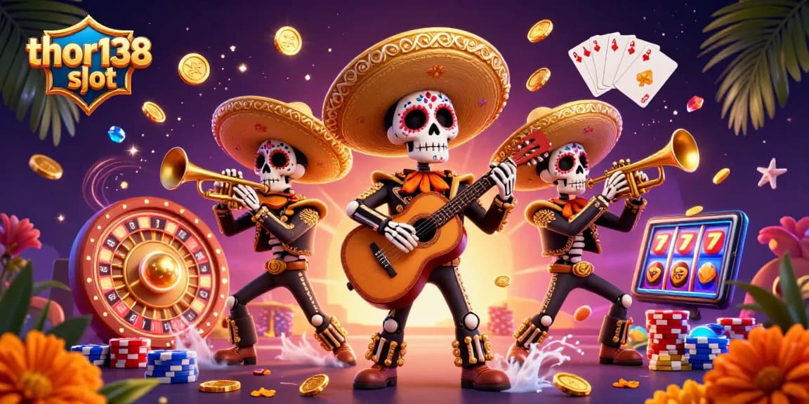 Mainkan thor138 slot dalam suasana meriah dengan band mariachi bertema Dia de los Muertos di kasino.