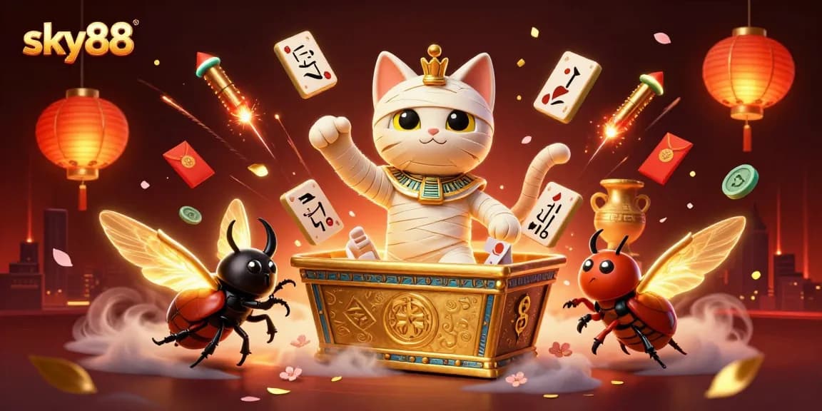 Play thrilling casino games at sky88 with a vibrant 3D illustration showcasing unique gaming elements and exciting characters.