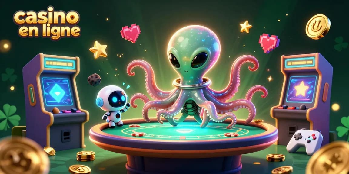 Jouez à des jeux de casino en ligne avec un octopus extraterrestre et un robot, ambiance futuriste.