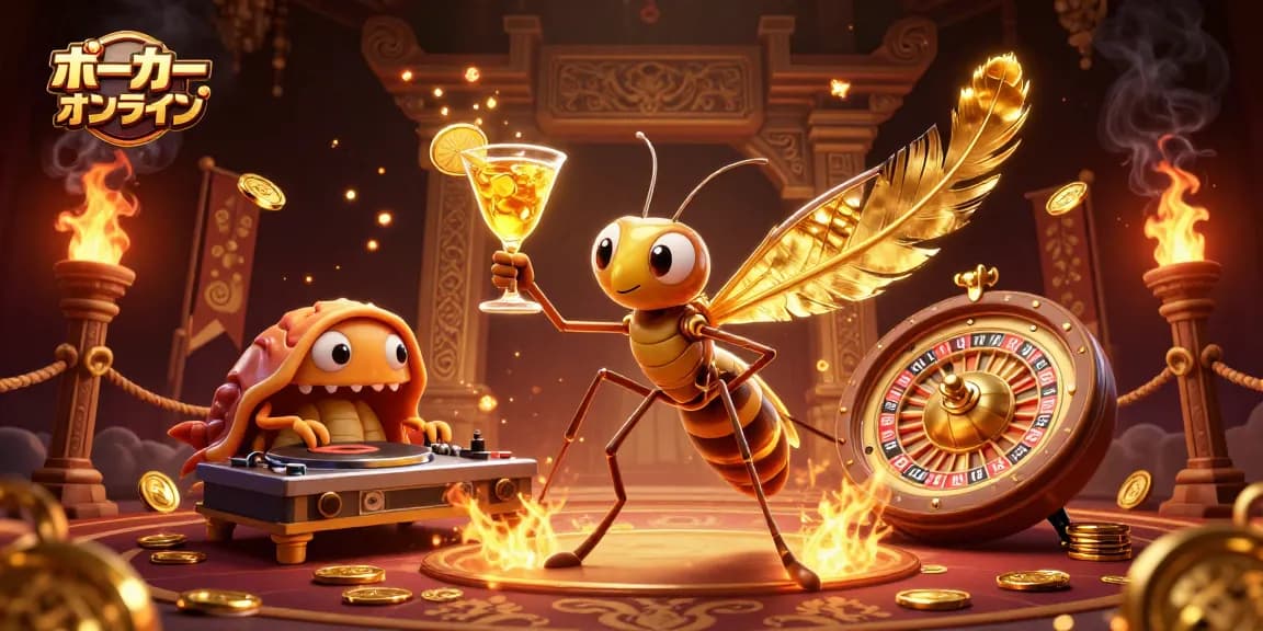 ポーカーオンラインで勝つための戦略を学ぶシーン。魅力的なキャラクターと共に遊ぶ様子が描かれています。