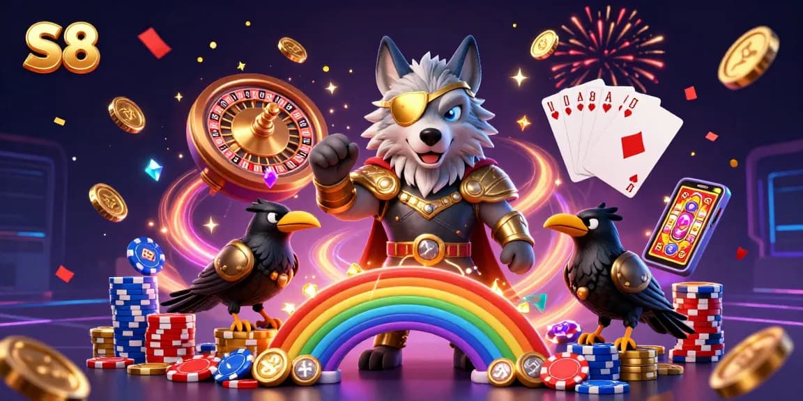 S8 players enjoy a vibrant casino scene with Odin and ravens at the magical chip bridge.