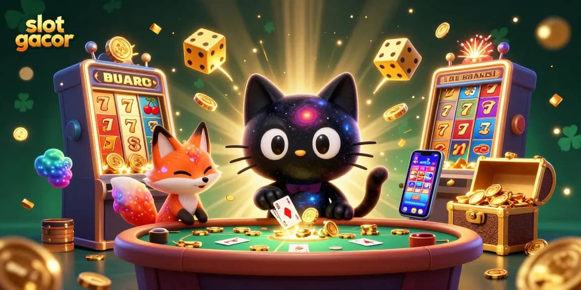 Engage with slot gacor action featuring a cosmic cat and colorful fox at a lively casino table.