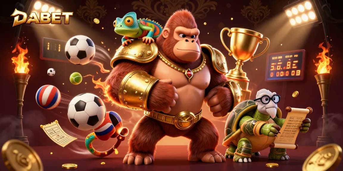 DABET sports betting dynamic scene with a powerful gorilla king and colorful elements