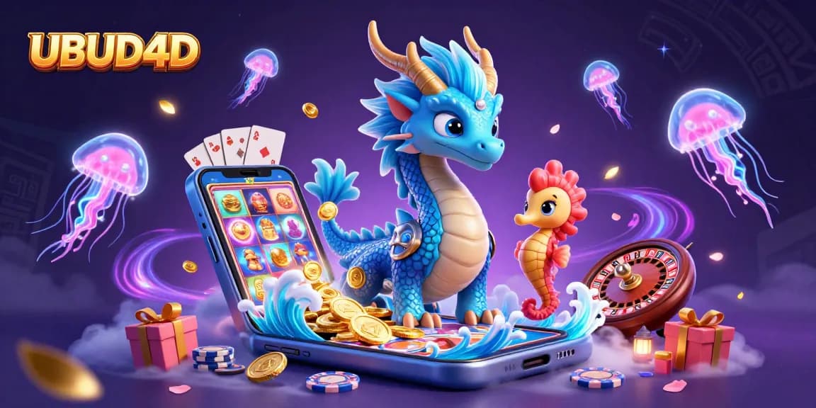 Play thrilling slots with UBUD4D, featuring a vivid dragon, seahorse knight, and glowing jellyfish.