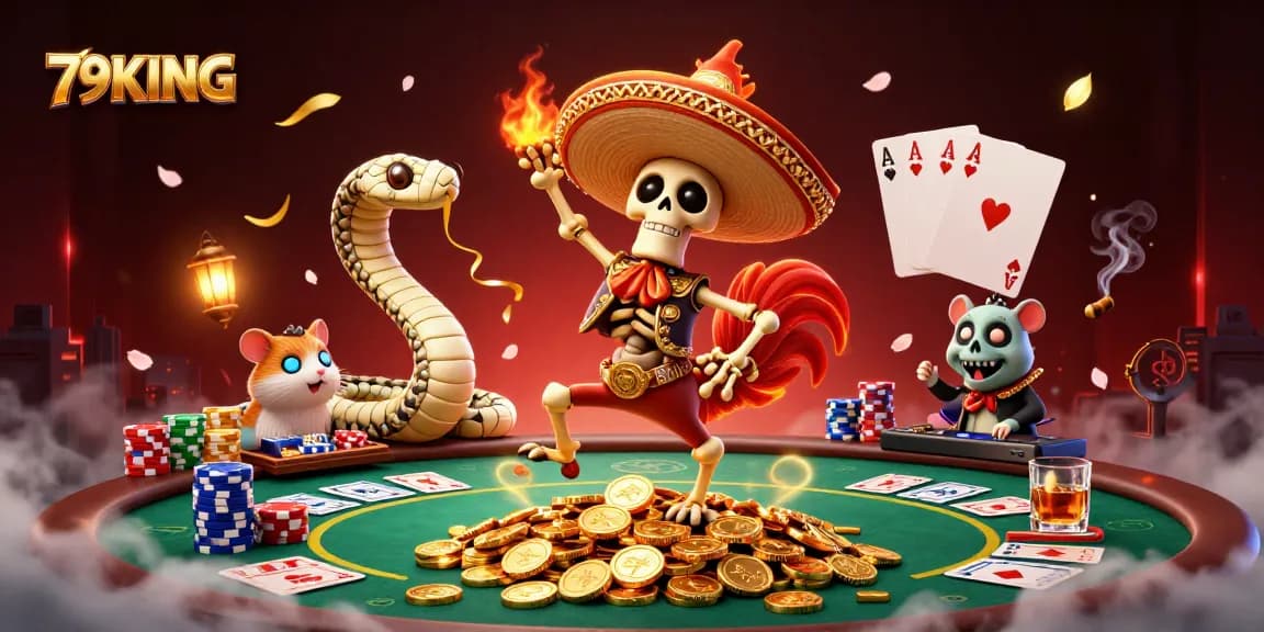 Play at 79KING with vibrant characters and casino elements in this lively 3D illustration