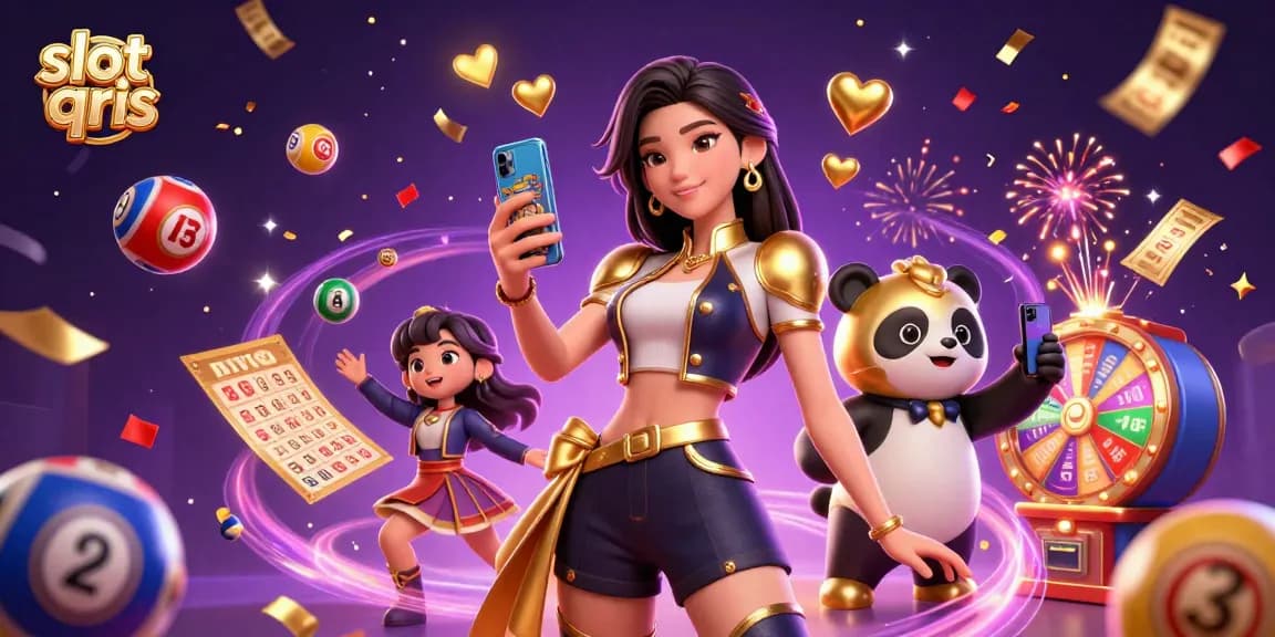 Engage with slot qris on this vibrant 3D illustration featuring an Asian woman and a golden panda in a dynamic casino atmosphere.
