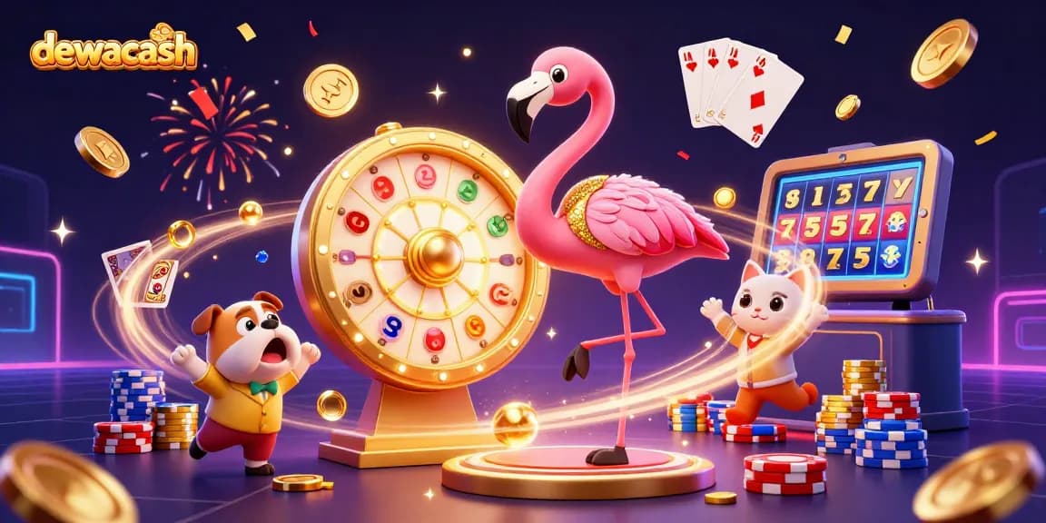 Dewacash showcases winning potential with a vibrant casino scene filled with spinning wheels, golden coins, and excitement.
