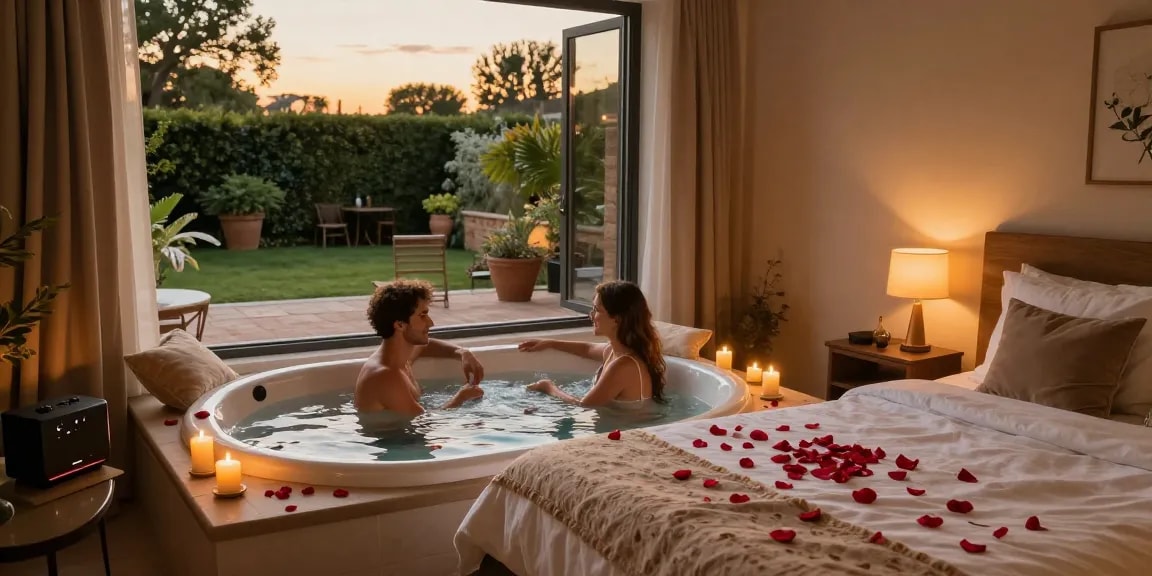 week end romantique toulouse in a cozy love room with jacuzzi, couple enjoying an intimate moment surrounded by candlelight and rose petals.