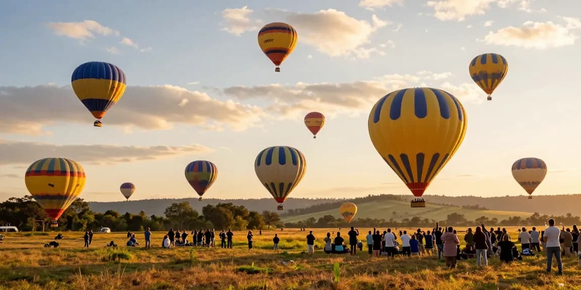 Pengalaman menakjubkan di https://sailawayballoons.com/ dengan balon udara berwarna-warni yang terbang di atas padang.