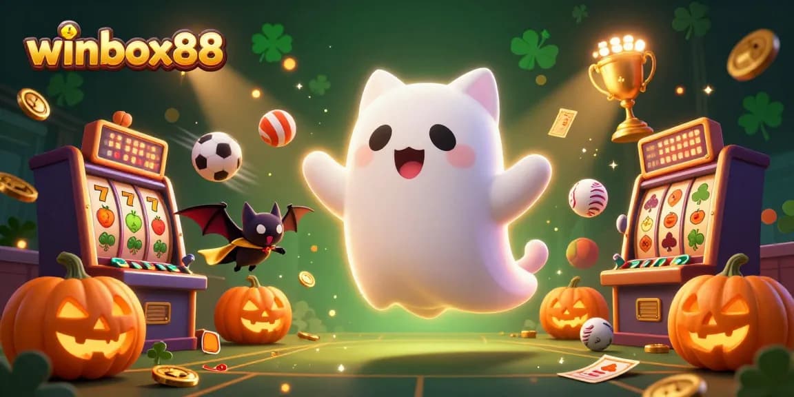 A dynamic gambling scene featuring a ghost cat and bat companions representing winbox88, surrounded by slot reels and sports balls.