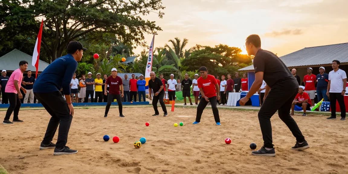 Permainan petanque di fopikotabitung.org dengan atmosfer semarak di bawah sinar matahari terbenam.