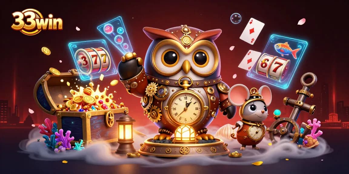 Engage in thrilling gameplay at 33win with dynamic elements like gold coins, slot reels, and vibrant characters.