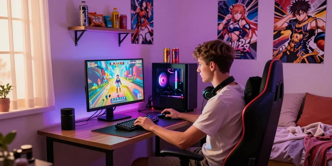 Young adult gaming in a vibrant room, playing a hentai game on his laptop with colorful LED lights.