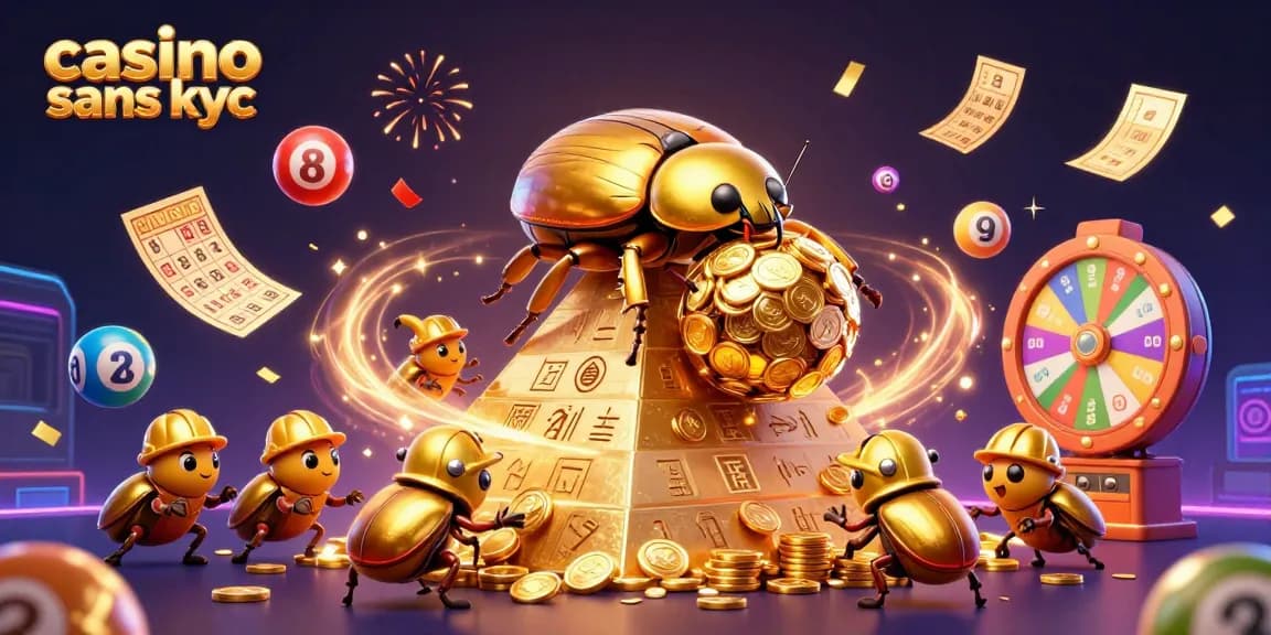 Casino sans KYC, illustration dynamique de jeux d'argent avec des coccinelles dorées et des symboles de casino.