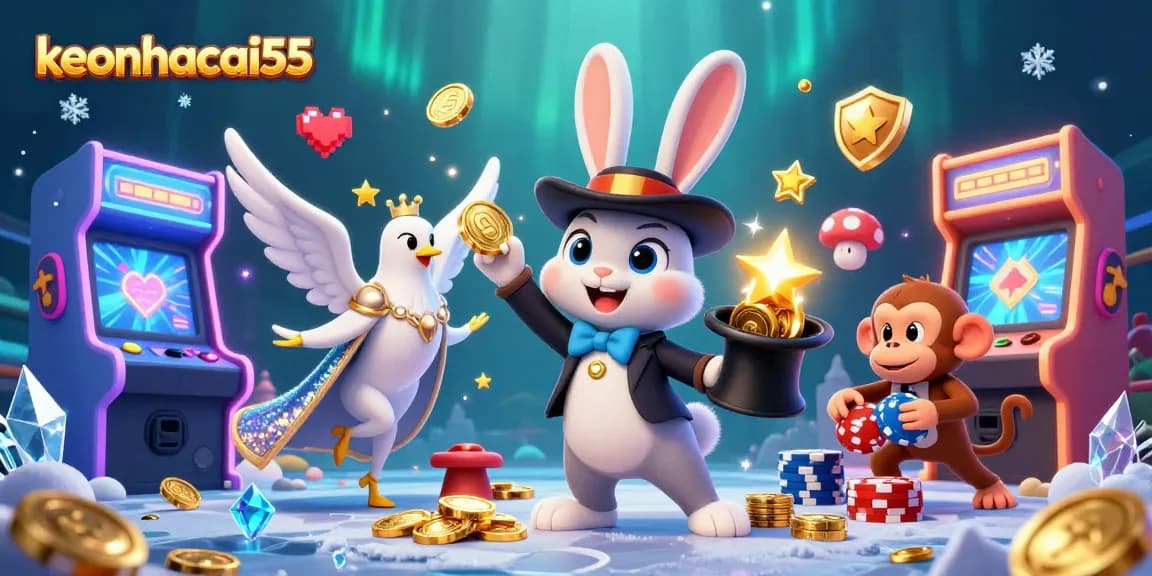 Watch the keonhacai55 magician rabbit conjuring casino gold coins in an exciting 3D scene.