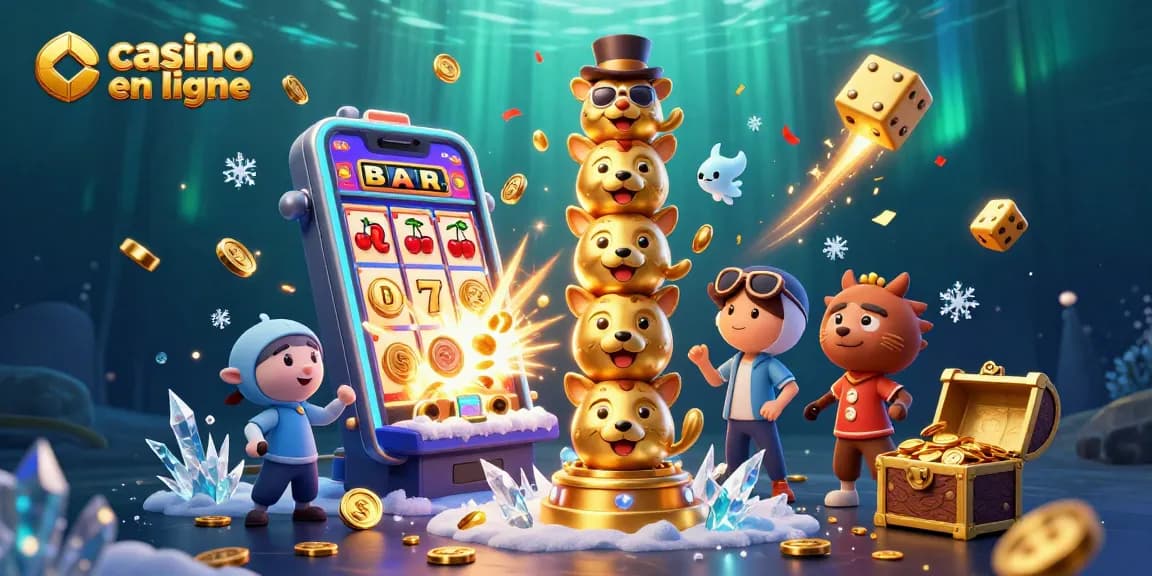 Profitez de l'expérience captivante d'un casino en ligne avec un totem animé et des éléments de jeu environnants.