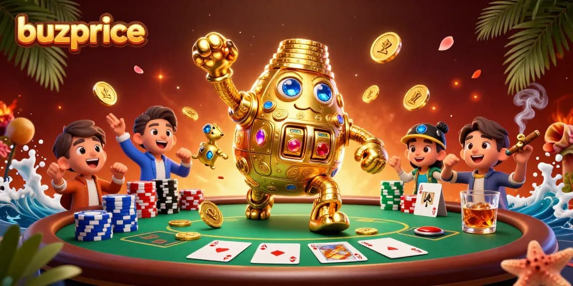 Buzprice offers thrilling gaming experiences with a golden golem surrounded by poker elements in an exciting casino scene.