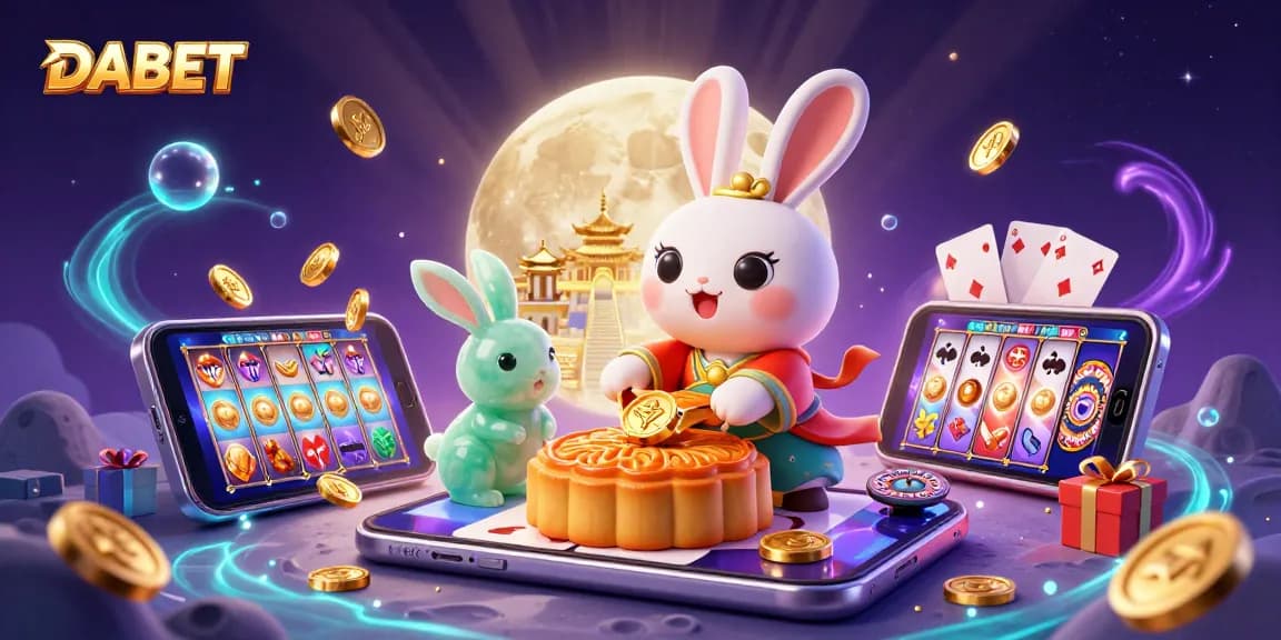 DABET players winning with golden mooncakes, poker chips, and casino games in a vibrant moonlit scene.