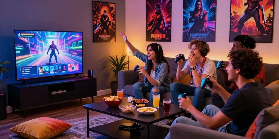 Friends enjoying hentaigames together in a vibrant gaming space, highlighting excitement and community.