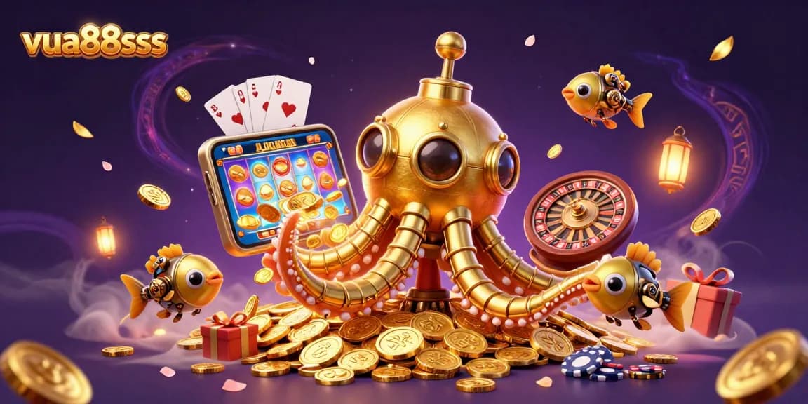 Engage with the vibrant gaming adventure at vua88sss featuring a striking kraken submarine amidst golden coins.