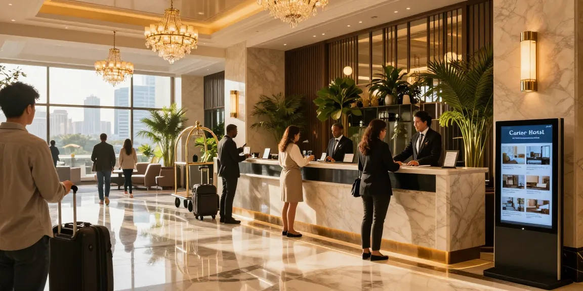 Guests at Carter Hotel's front desk experience a smooth rokok88 login process in a luxurious atmosphere.