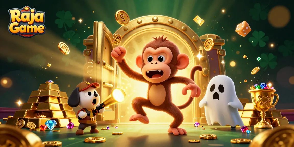 Experience thrilling excitement with Raja Game's dynamic casino scene featuring a playful monkey and a curious puppy.