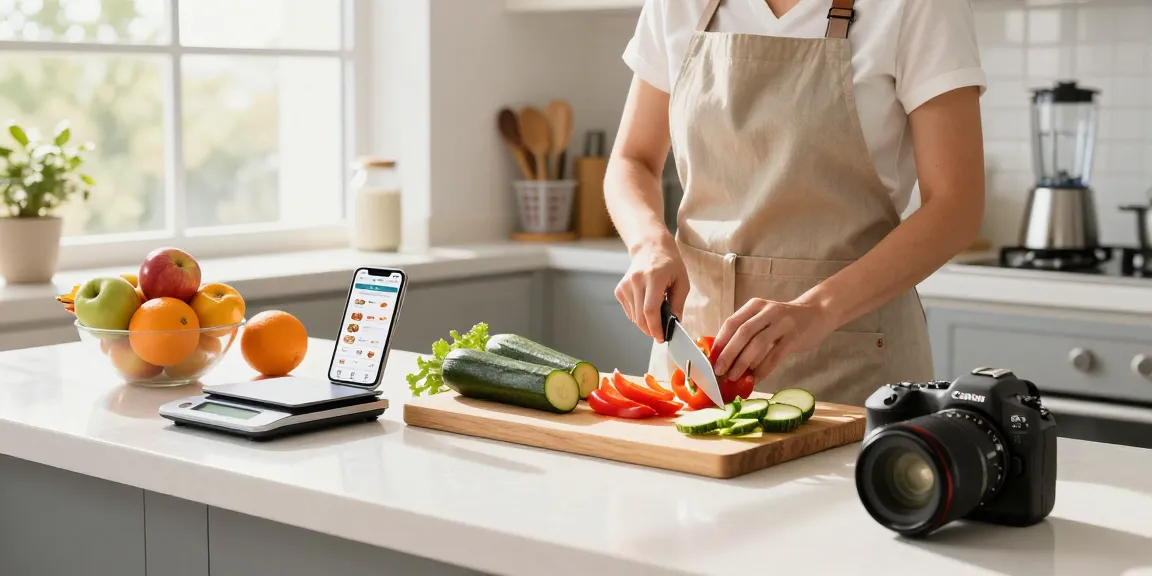 Home cook using the best food tracker while preparing fresh ingredients for healthy meals