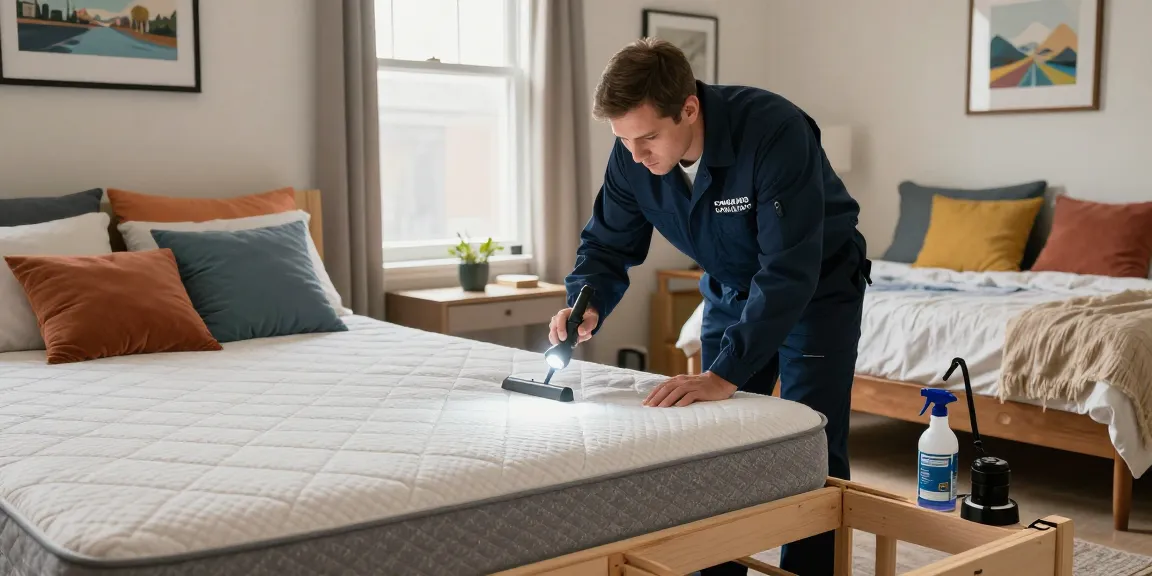 Technician performing bed bug pest control in a Milwaukee bedroom with tools and natural light.