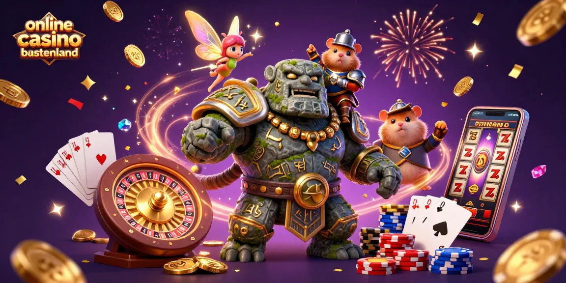 Engage with online casino buitenland, featuring vibrant 3D golem, fairy, and hamster knight amidst casino elements.