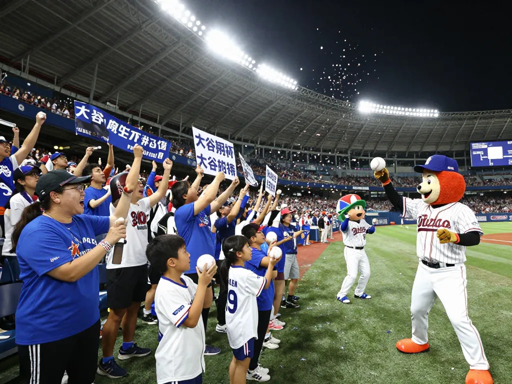 色とりどりのバナーやジャージを持ったファンが賑やかなスポーツイベントで大谷翔平応援を祝う