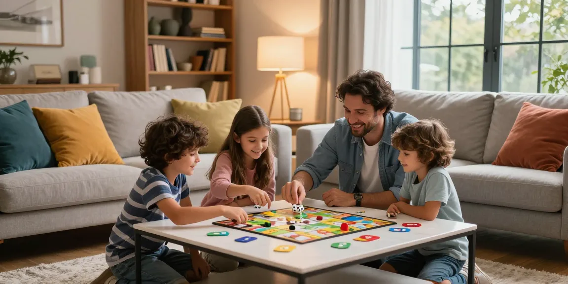 A family enjoying a board game in a cozy living room with modern furniture, emphasizing depo 5k life moments.