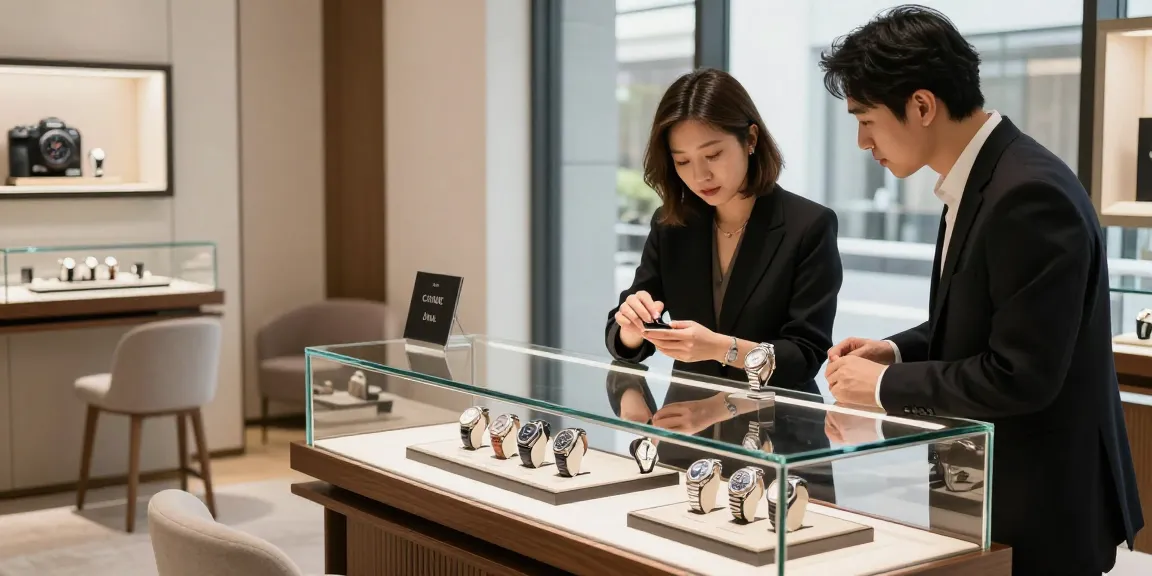Customer exploring clone watches in a stylish luxury watch boutique.