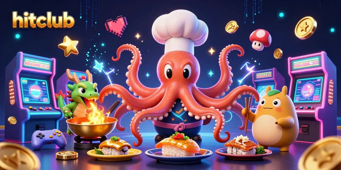 Hitclub's vibrant scene features a sushi chef octopus, a fire-breathing dragon, and a tanuki at a colorful and dynamic casino arcades.