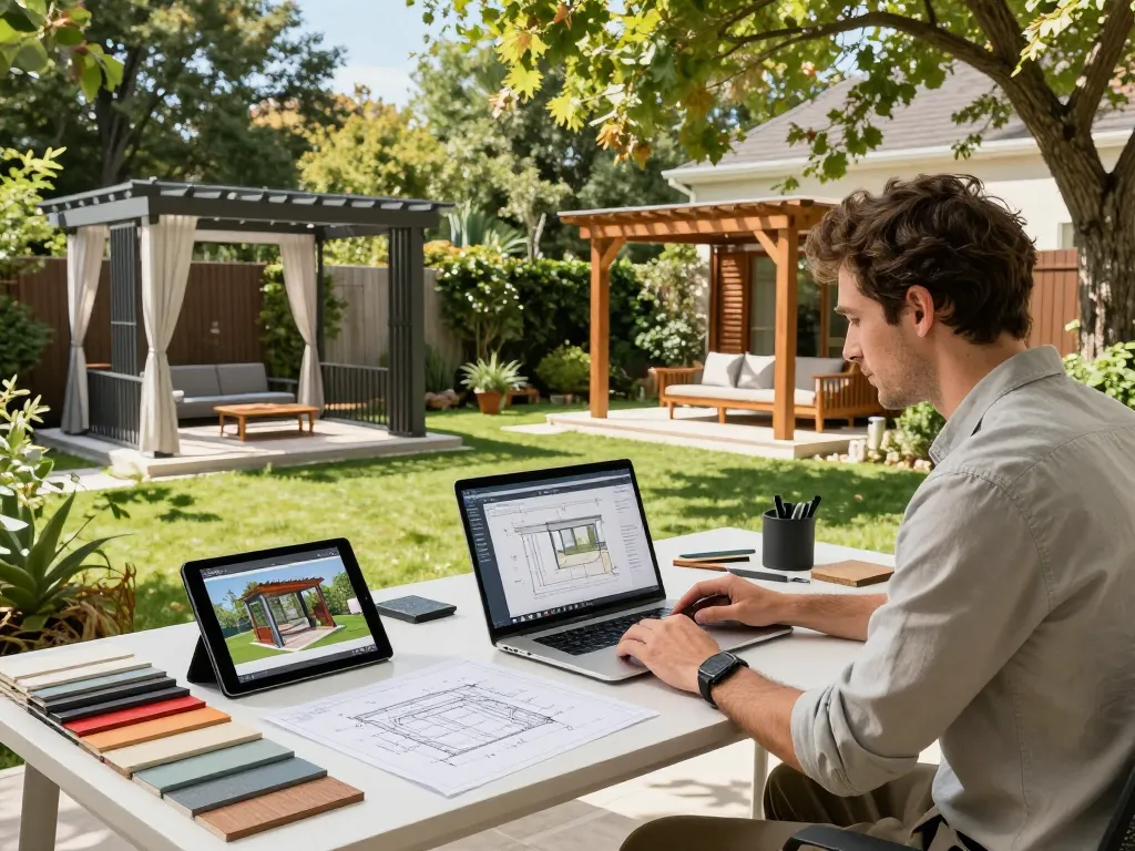 Pergola Configurator Software in use by an architect in a garden workspace, showcasing 3D design and customizable elements.