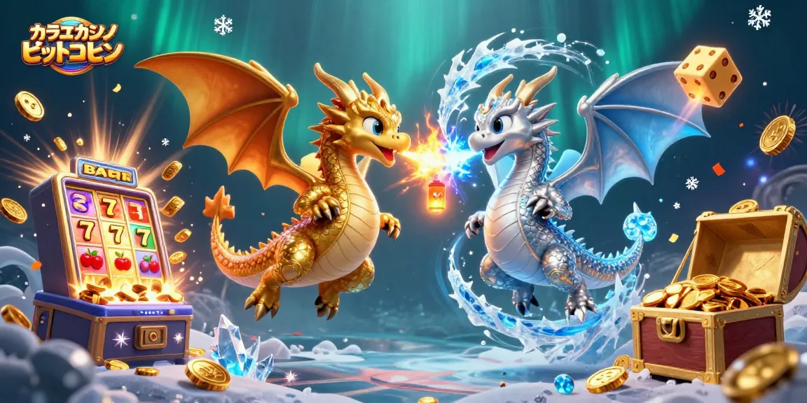 オンラインカジノ ビットコインの美しい3Dイラストで、ドラゴンとスロットマシンが迫力満点に描かれています。