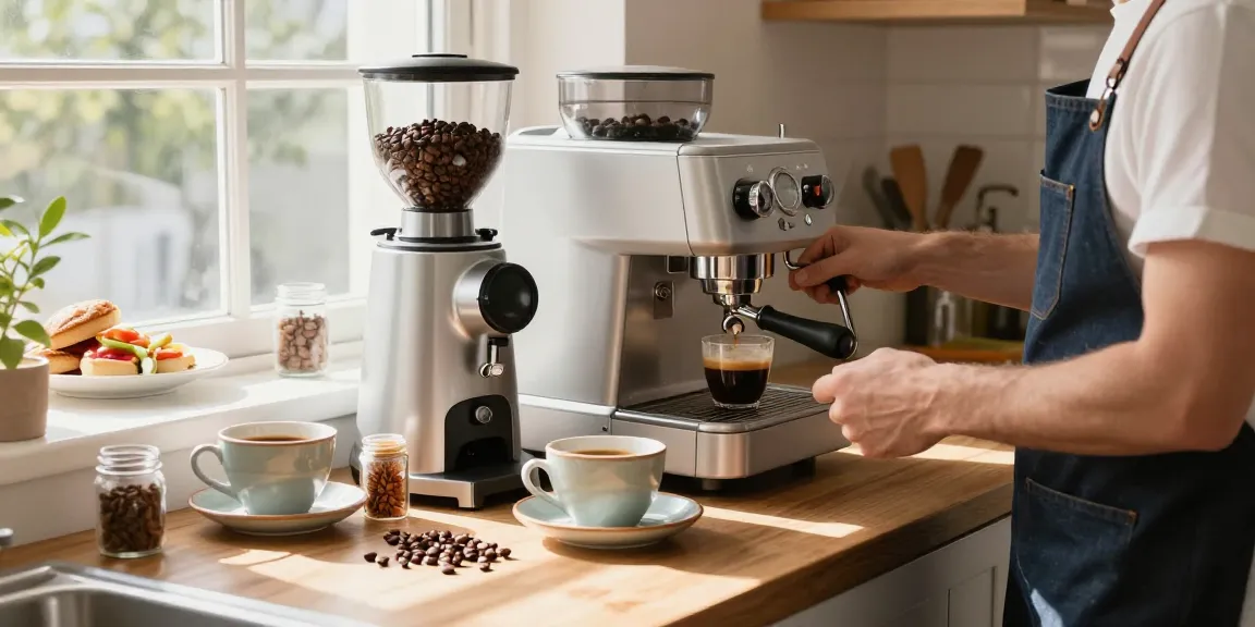 Preparing espresso with ماكينة تحضير اسبريسو in a sunlit kitchen showcasing coffee-making process