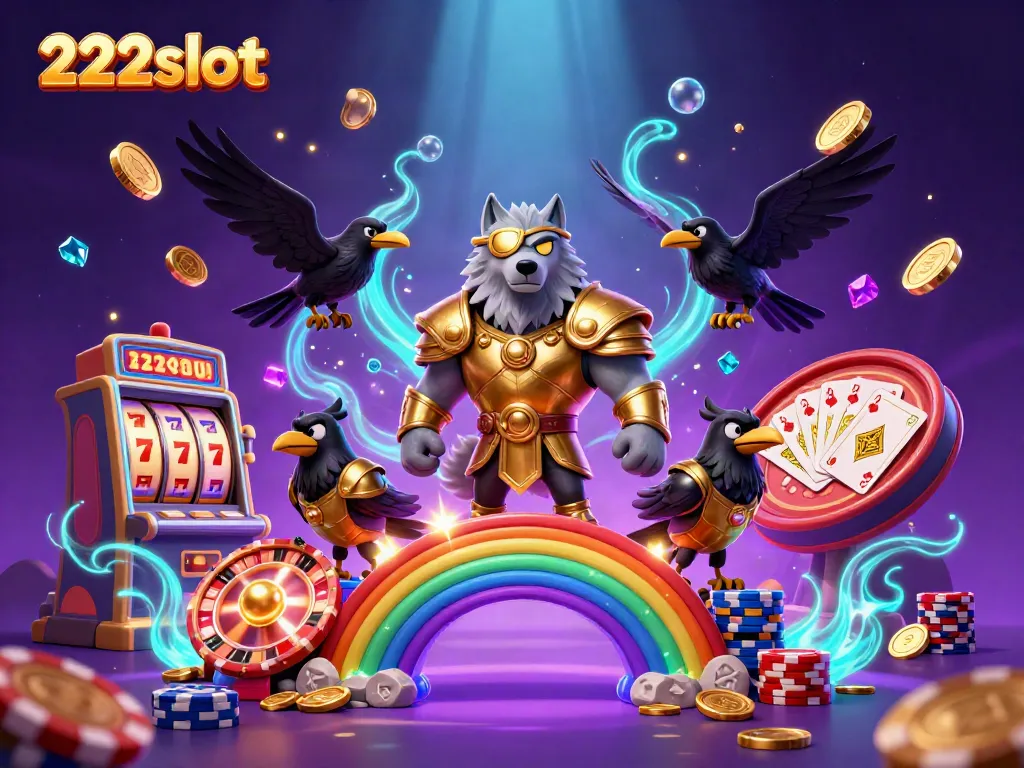 Menggambarkan pengalaman bermain slot di 222slot dengan karakter mitologi Norse, dikelilingi koin emas dan batu permata yang berkilauan.