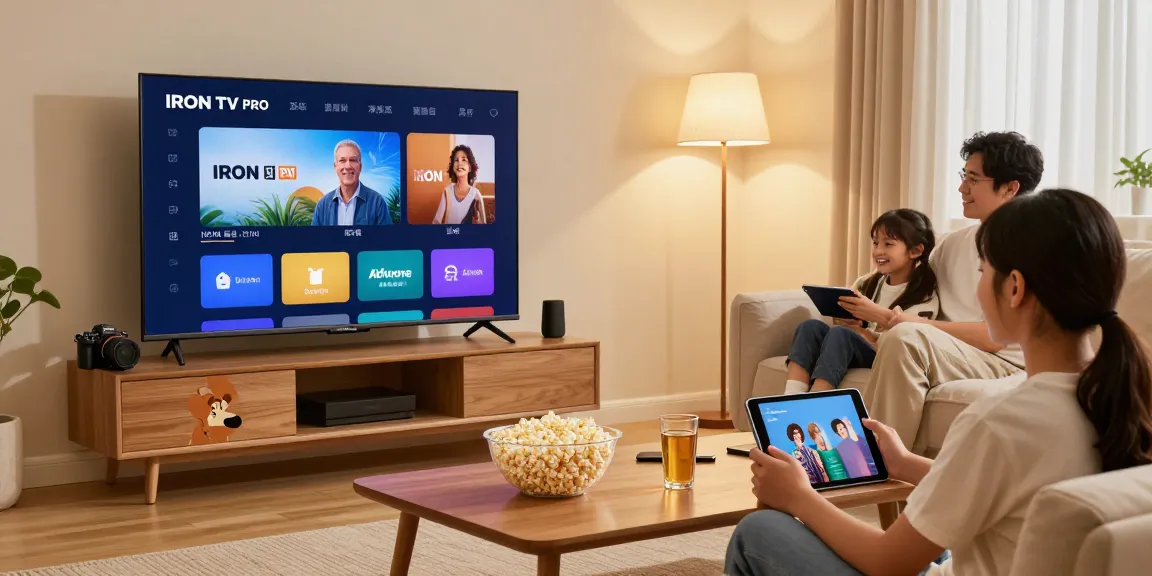 La famille profite de IRON TV PRO sur un Smart TV avec ambiance chaleureuse.
