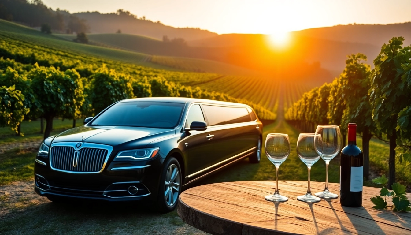 Experience a premium winery limo service parked amidst a breathtaking vineyard.