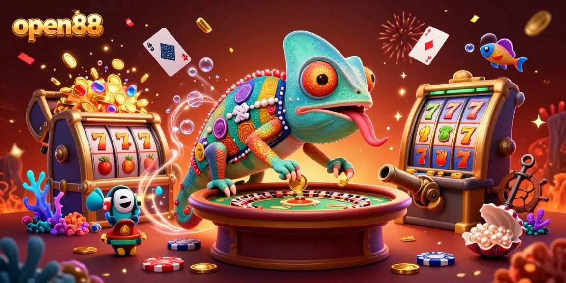 Experience the excitement of open88 with a vibrant illustration of a chameleon casino owner watching over action-packed games.