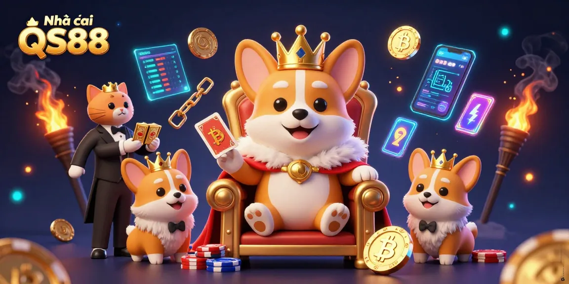 Engage in thrilling gaming experiences with Nhà cái QS88, featuring a royal corgi on a throne of poker chips.