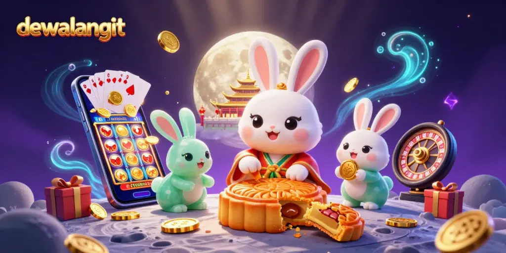 Permainan menarik di dewalangit: Kelinci bulan dan teman mendorong koin poker dalam suasana kasino magis.