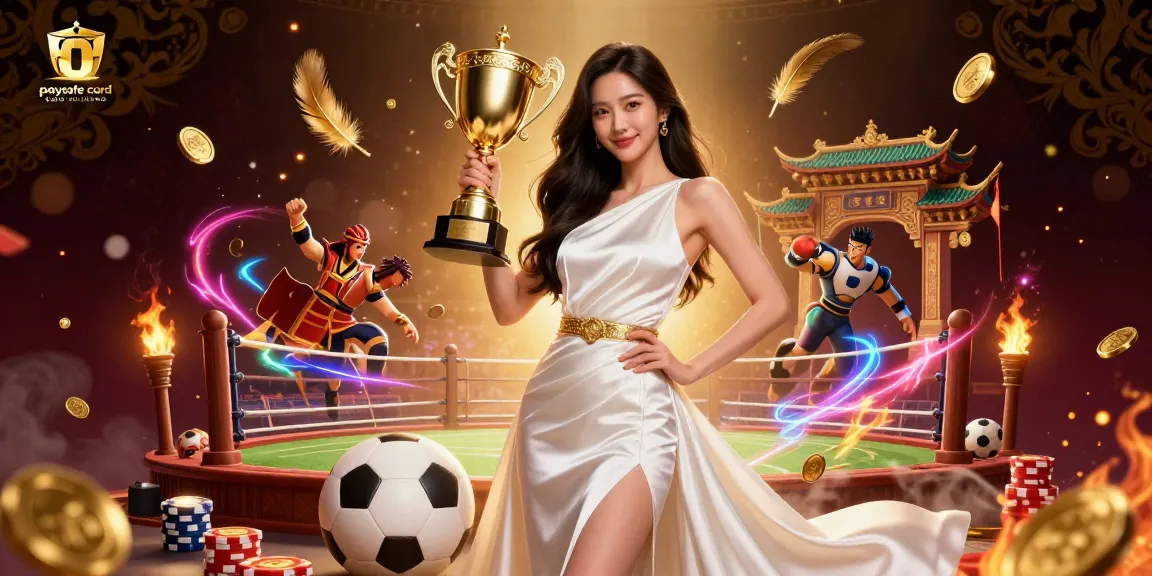 Das Paysafe Card Casino zeigt eine erfolgreiche asiatische Frau mit einem Pokal in einer glamourösen Glücksspielszene voller dynamischer Sportwetten-Elemente.