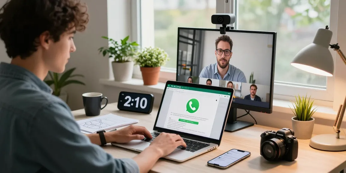 Professional using WhatsApp網頁版 in a modern home office setup with laptop and smartphone.