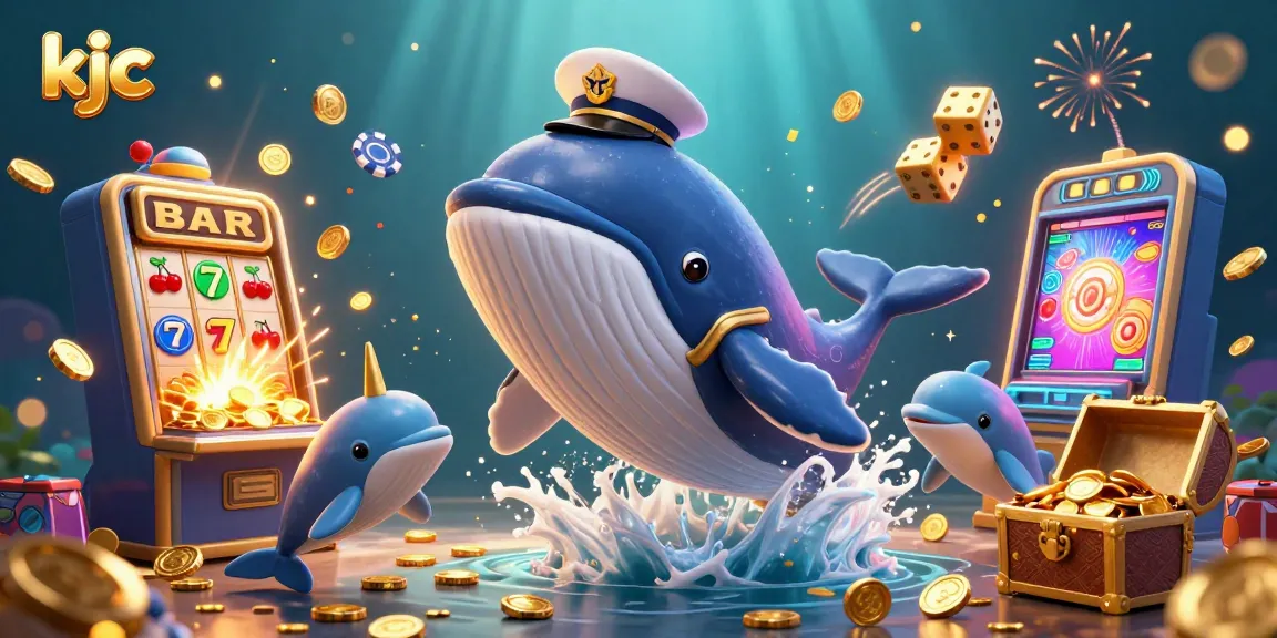Experience thrilling jackpots at KJC with a whimsical whale and dolphins in a vibrant casino scene.