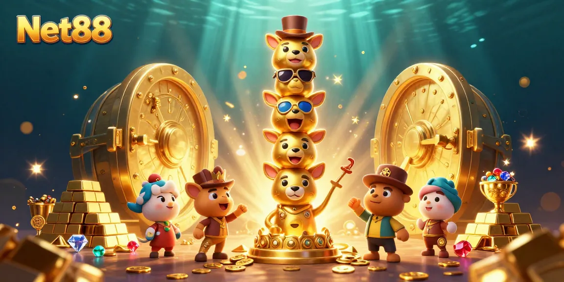 Engage with Net88 through a vibrant 3D casino illustration highlighting treasures and games.